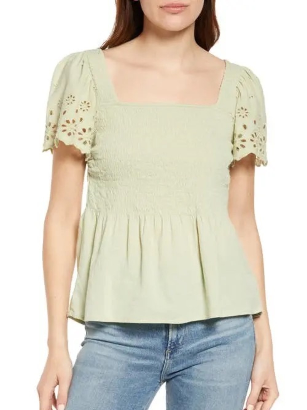 Madewell Pale Green Square Neck Eyelet Sleeve Top